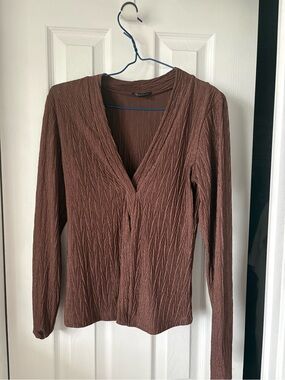 Dynamite Textured Long Sleeve Chocolate Brown Blouse